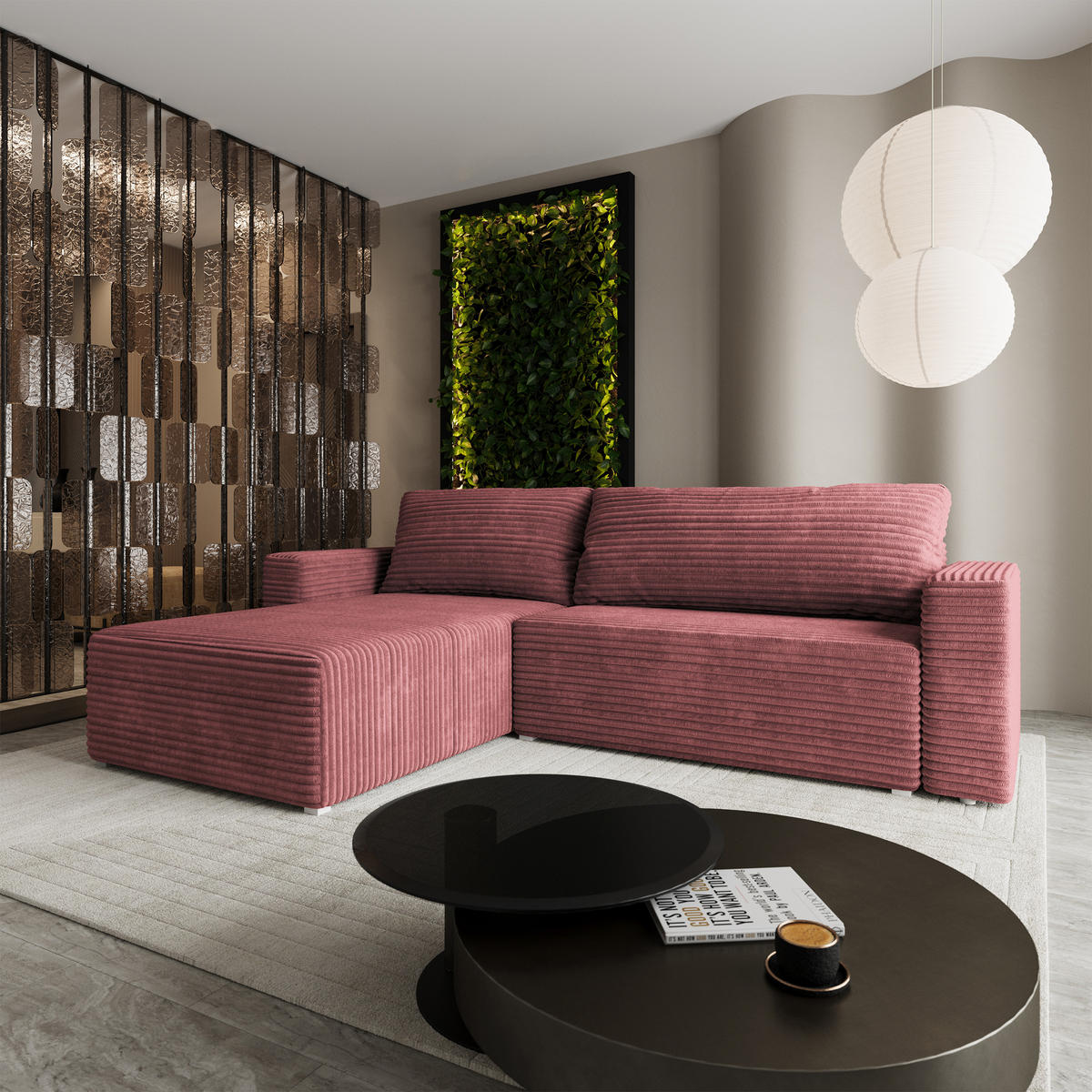 ECKSOFA CALTI T Rosa Kordstoff mit Schlaffunktion - Rosa, Holzwerkstoff/Textil (283/183cm) - MASSENO
