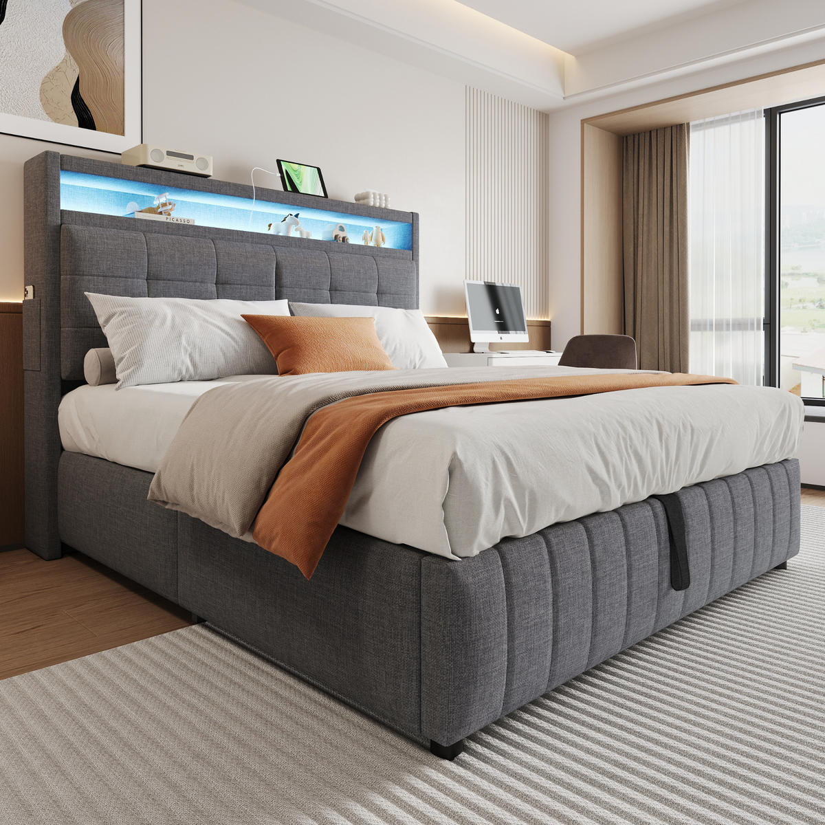 ČALÚNENÁ posteľ 160/200 cm sivá, látka s LED osvetlením, USB a hydraulickým úložným priestorom - sivá, textil (160/200cm) - BEAOK