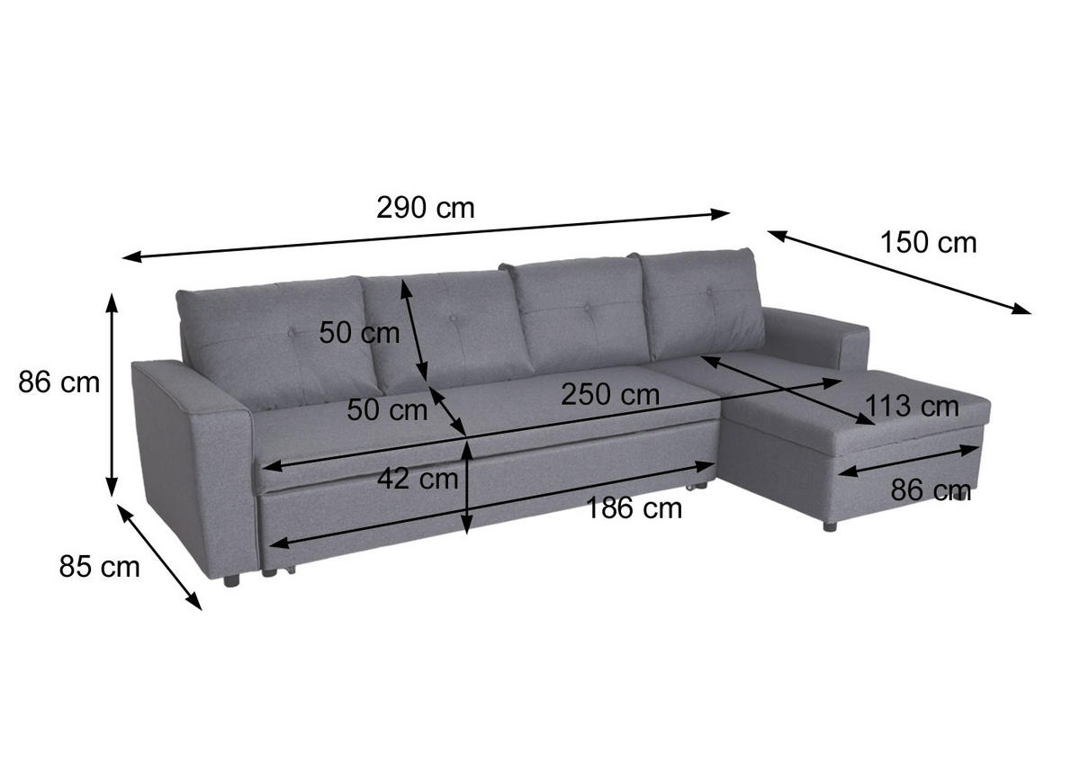 ECKSOFA MIT BETTKASTEN Grau - Grau, Textil (290/150cm) - MCW