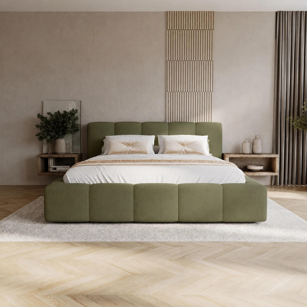 POLSTERBETT Palermo 140x200 cm mit Stauraum und elegantem Kopfteil - Holzrahmen, Velo Olivgrün - Olivgrün, Holz/Textil (140/200cm) - Chilly
