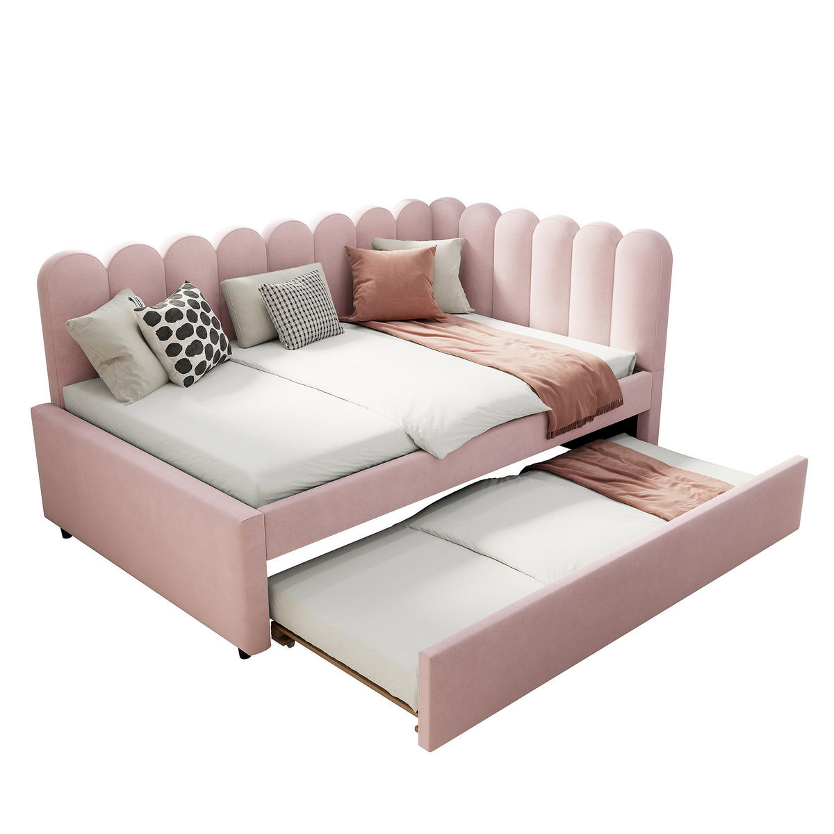MULTIFUNKTIONSBETT mit Ausziehbett und blütenblattförmiger Rückenlehne Rosa 140/205/90 cm - Rosa, Leder (140/200cm) - OKWISH