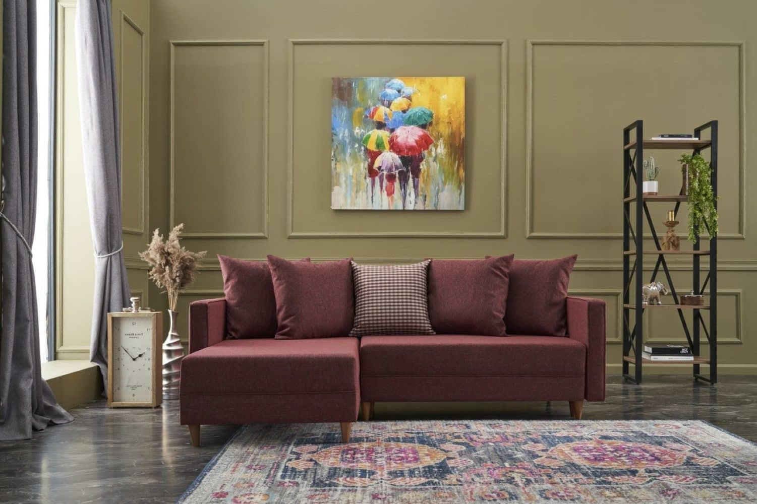 ECKSOFA mit Schlaffunktion, 215 cm Gesamtbreite - Rot/Braun, Holz/Buchenholz (215/150cm) - myHomelando