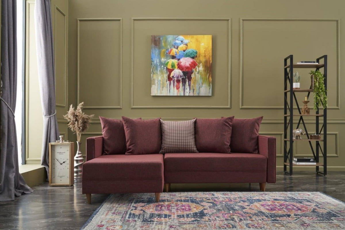 ECKSOFA mit Schlaffunktion, 215 cm Gesamtbreite - Rot/Braun, Holz/Buchenholz (215/150cm) - myHomelando