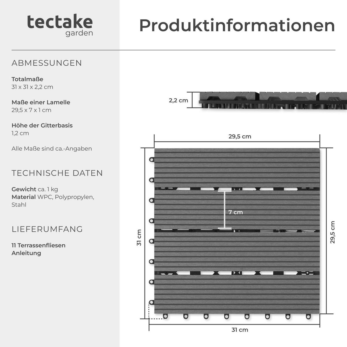TERRASSENFLIESEN Tegulas,31 x 31 x 2,2 cm,grau - Grau, Kunststoff (31/31/2.2cm) - tectake
