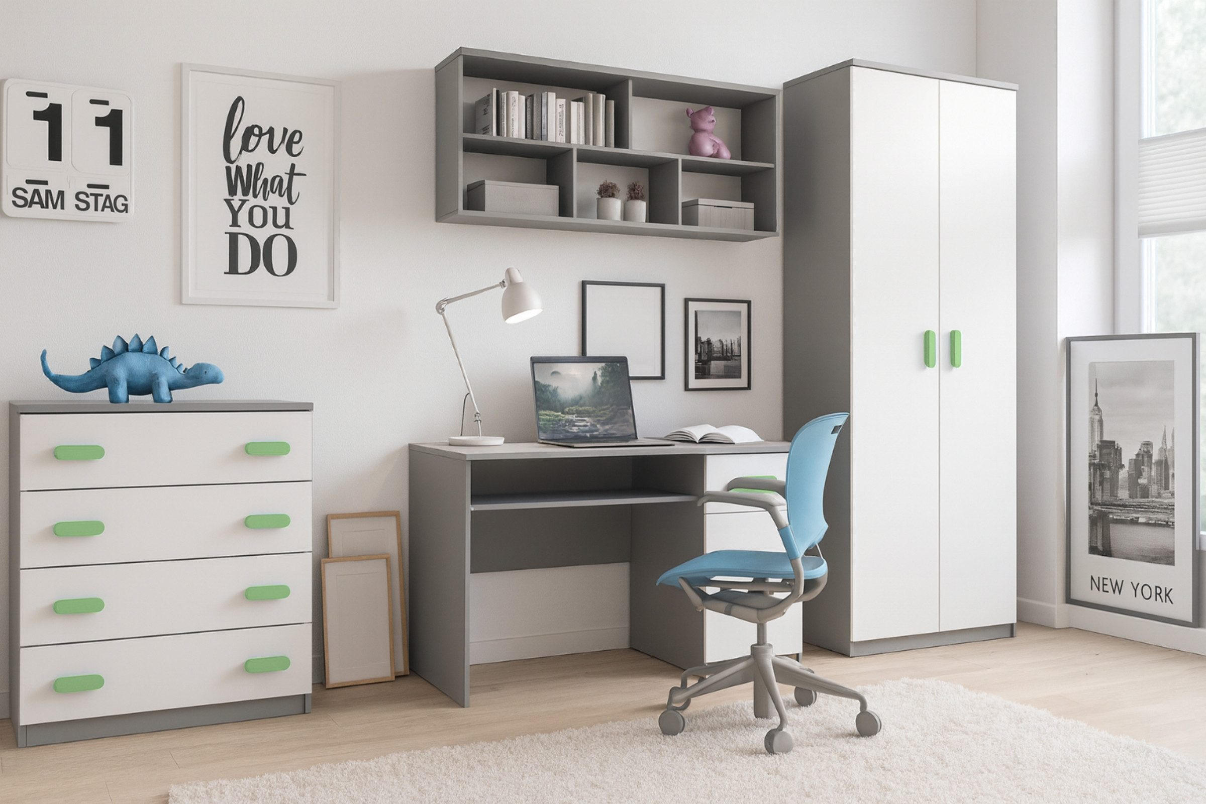 KINDERZIMMER-SET INGE III 4-teilig Weiß+Grau/Grün - Weiß/Grau, Holzwerkstoff (270/193/50cm) - Deine Möbel 24