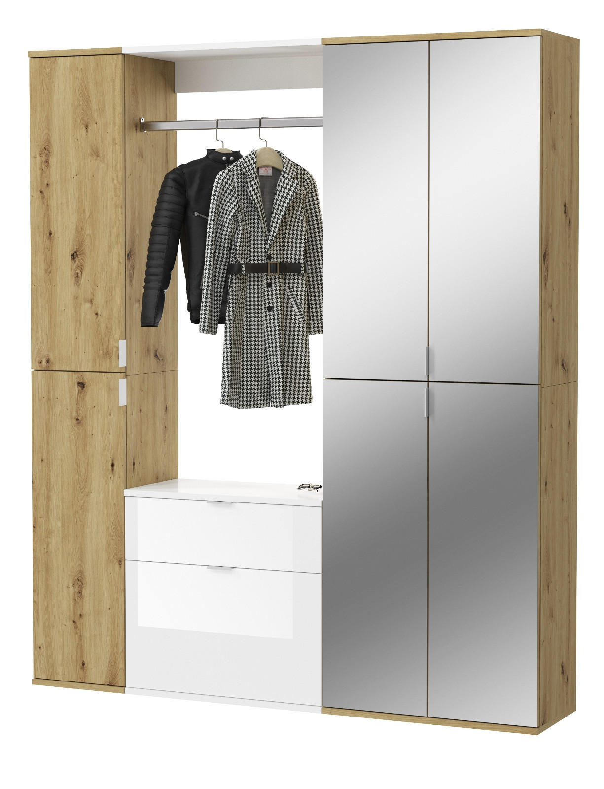 Inn.Furn Garderoben-Set Weiß Hochglanz, Eiche Artisan 152x193x34 cm