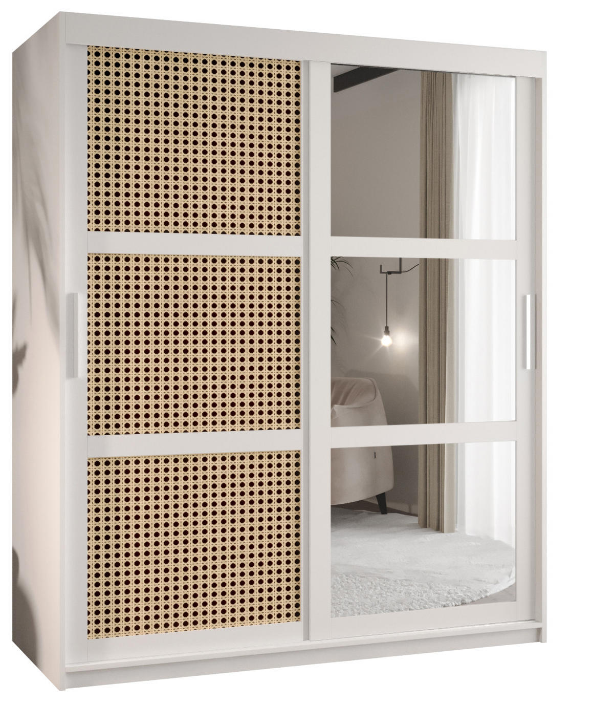 SCHWEBETÜRENSCHRANK 200/150/62 2-türig - Silberfarben/Weiß, Holz/Kunststoff (150/200/62cm) - MÖBEL KRYSPOL