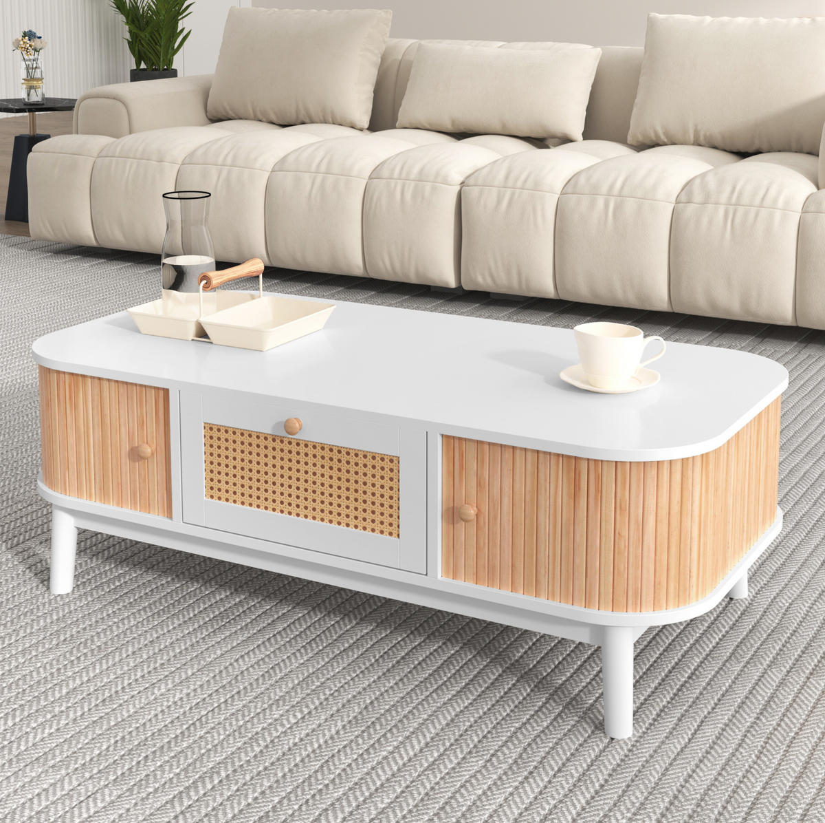 COUCHTISCH 110/55/38,5 cm in Weiß mit Rattan-Details und Stauraum - Weiß, Holzwerkstoff (110/55/38.5cm) - Flora Grace