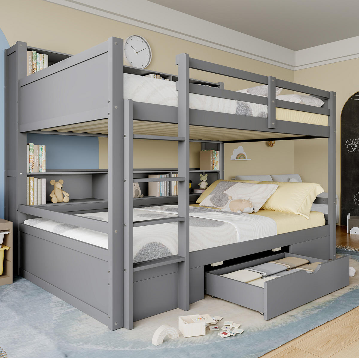 ETAGENBETT 90/200 cm in Grau mit Schublade und Ablagefächern - Grau, Holz (90/200cm) - OKMYHOME