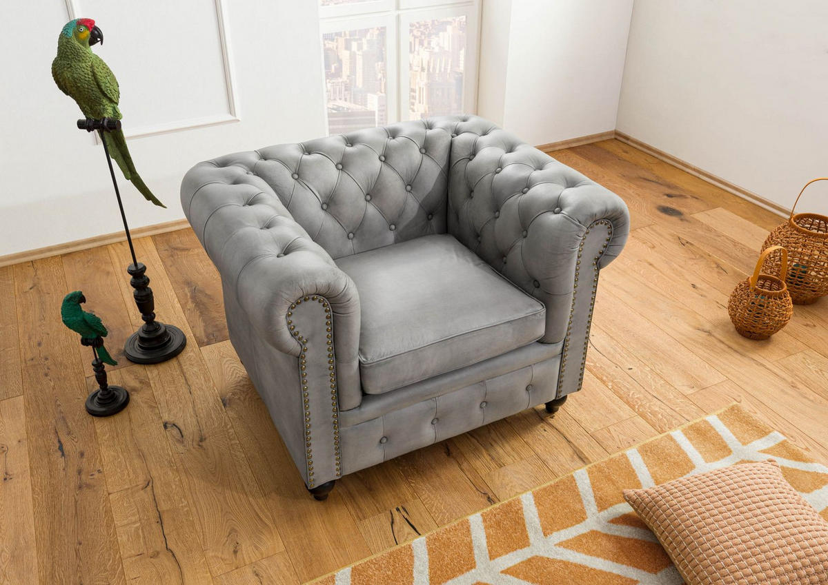 SESSEL Echtleder 105x82x75 grau CHESTERFIELD #202 - Grau, Leder (105/75/82cm) - Massivmoebel24
