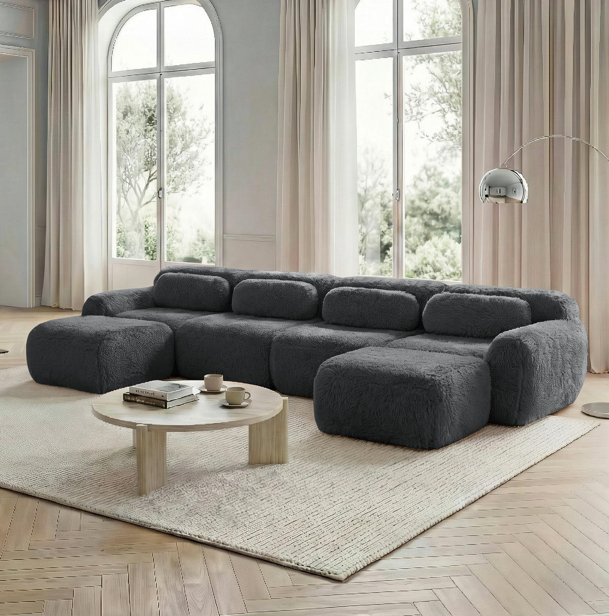 SOFA modular U-/L-Form Plüsch Grau - Grau, Kunststoff (179/73/378.1cm) - Meubliv