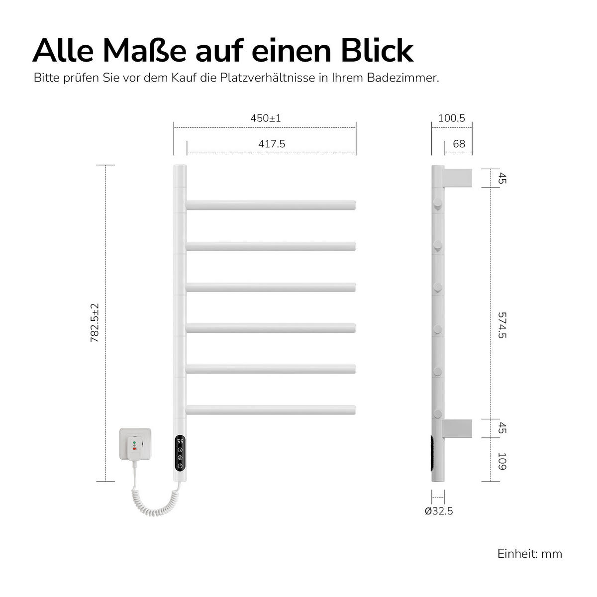 HEIZKÖRPER elektrisch 78,2 x 45 cm mit Smart-Steuerung Weiß - Weiß, Metall (45/78.2/10cm) - EMKE