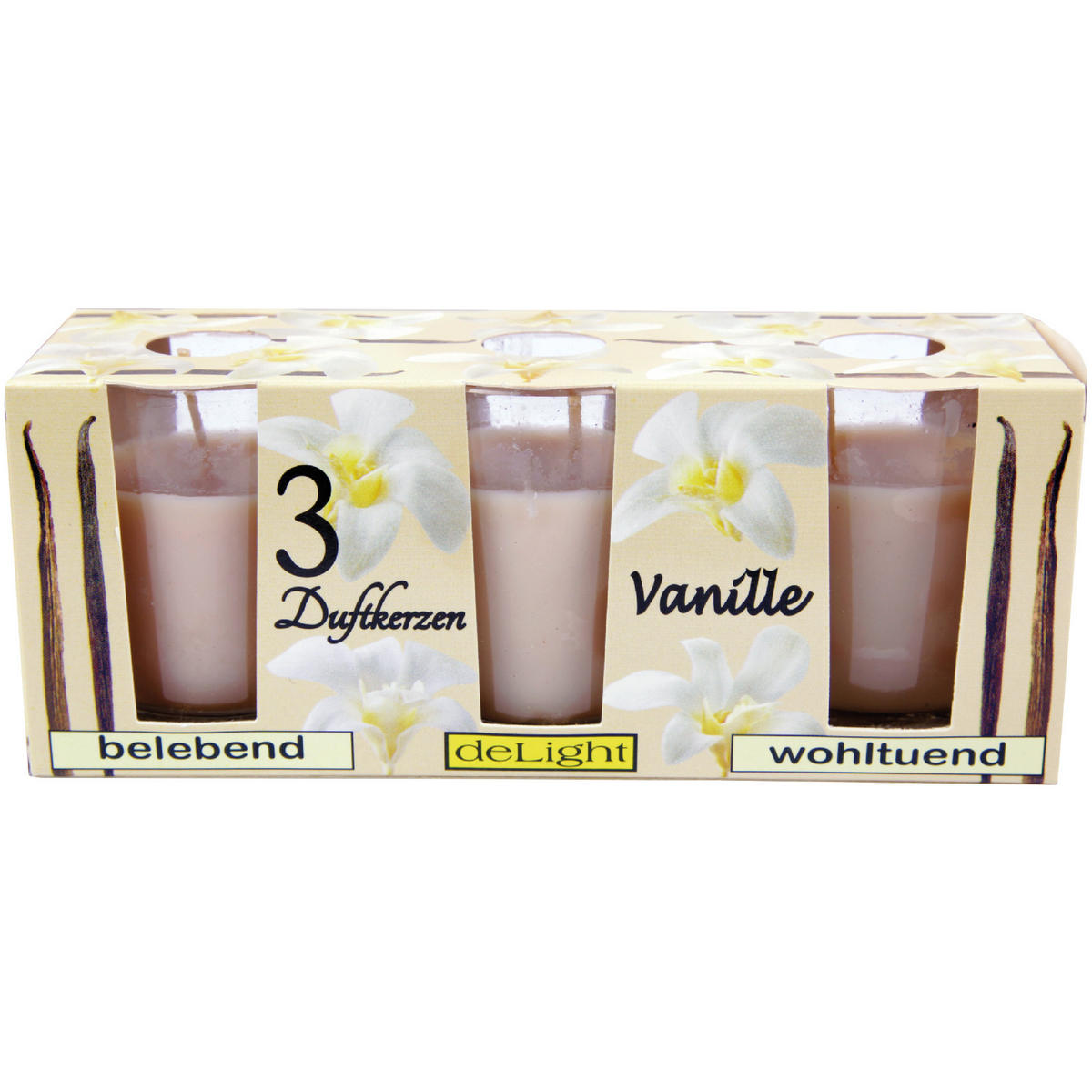 DUFTKERZEN im Glas "Classic" 3er Pack Vanille - Creme, Naturmaterialien (4.5/6.5cm)