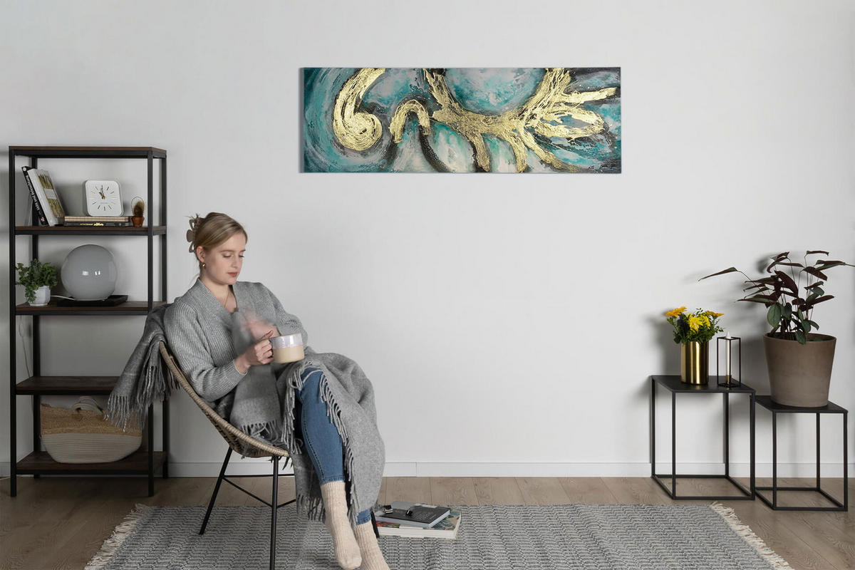 ÖLGEMÄLDE 150/50 cm - Türkis/Weiß, Holz/Textil (1.9/50cm) - KUNSTLOFT