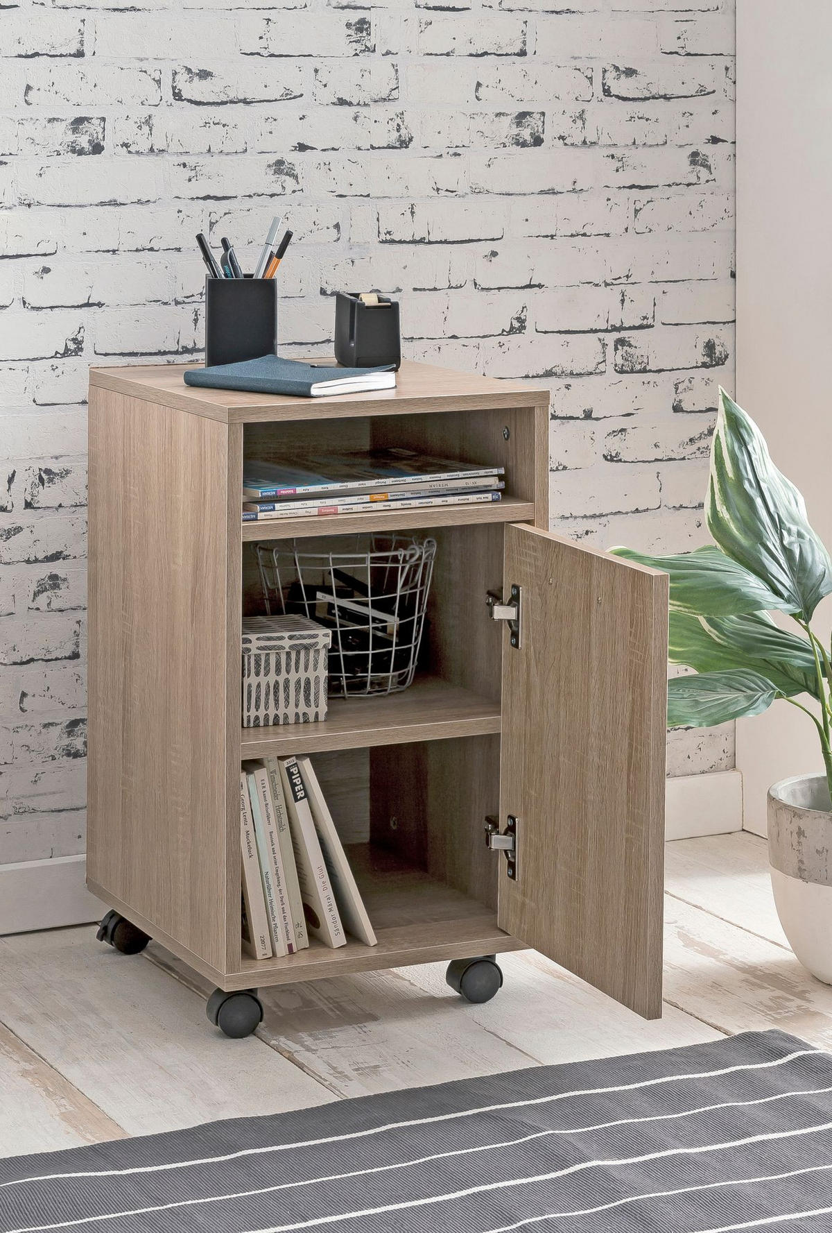 ROLLCONTAINER 2 Türfächer Ablage Rollen Mit Bremsen OSSOLA, Beige 33x38x60 cm - Beige/Schwarz, Holz/Kunststoff (33/60/38cm) - KADIMA DESIGN