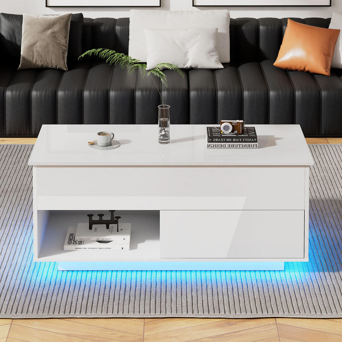 COUCHTISCH 100x50cm Hochglanz LED Hydraulik Lift Schublade 50kg - Weiß, Holz (65.41/62.23/14.61cm) - FLIEKS