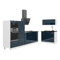 KUHINJA Fame-Line, Temno modra z visokim sijajem/Bela, 380 cm brez delovne plošče - bela/temno modra, leseni material (380/153.6/51.6cm) - Vicco