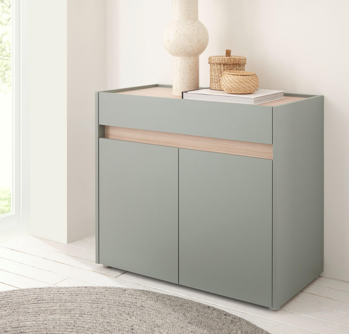 SCHUHSCHRANK Flur Kommode in Salbei Grün mit Eiche, Schubkasten und Fächer, 80 x 70 cm - Salbeigrün/Eichefarben, Holz/Holzwerkstoff (80/70/40cm) - Furn.Design