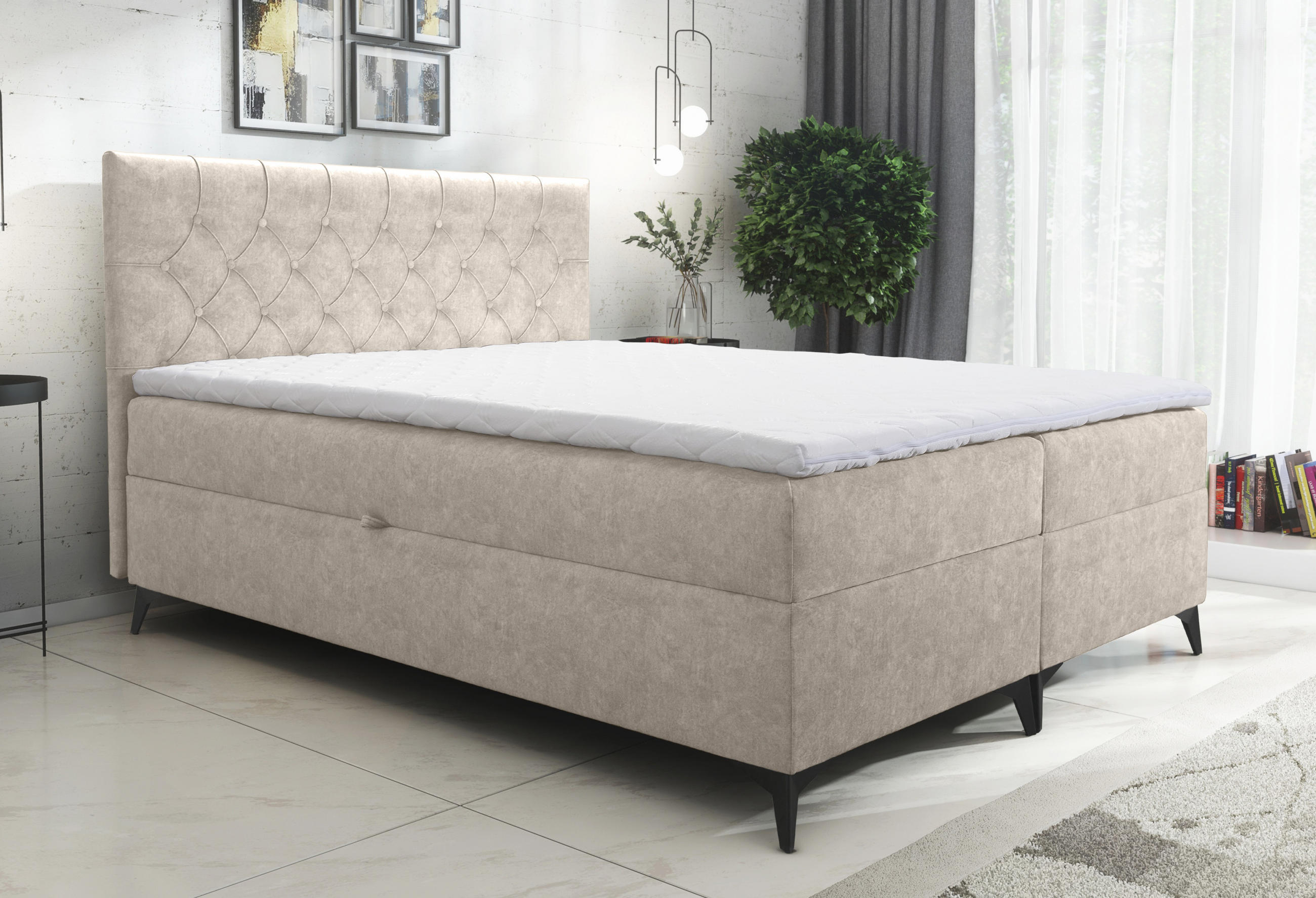 BOXBETT Palmeria 140/200 cm in Beige – mit Bettkasten und Topper - Beige/Schwarz, Holz/Holzwerkstoff (140/200cm) - AX Living