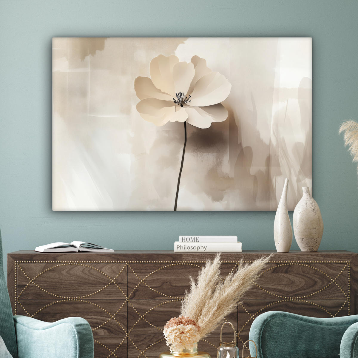 LEINWANDBILD Blume - Beige - Farbe - Schatten Wohnzimmer 120x80 cm - Creme, Textil (120/80cm) - MuchoWow