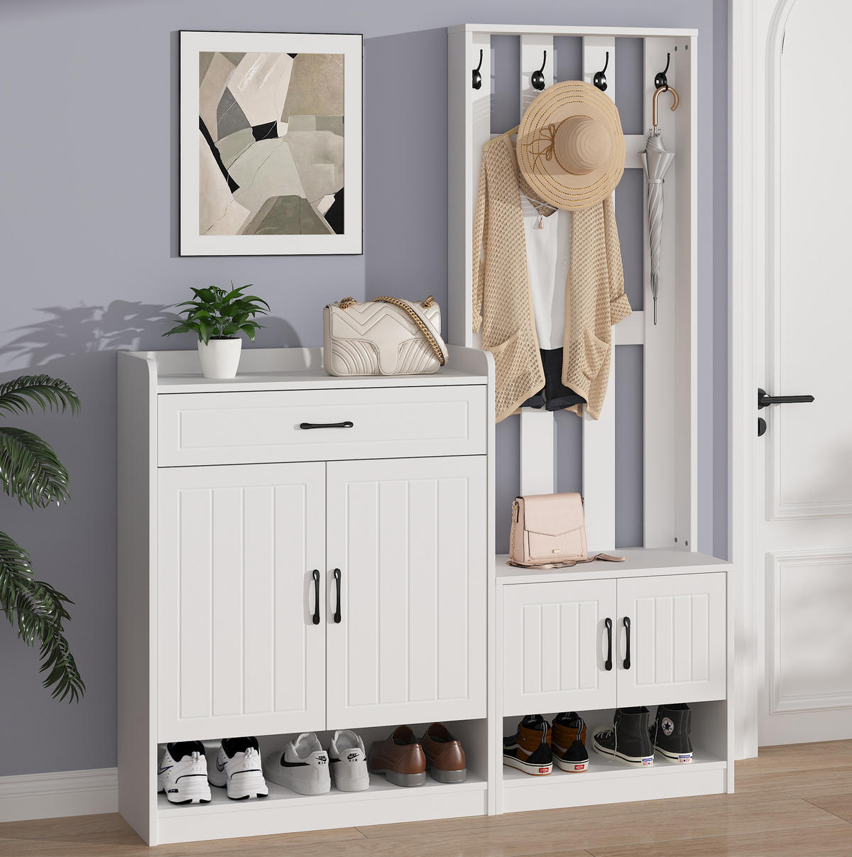 GARDEROBENSET 140/30,5/180 cm aus Spanplatte mit Schuhschrank, Bank und 4 Haken Weiß - Weiß, Holzwerkstoff (140.6/180/30.5cm) - Modenvie