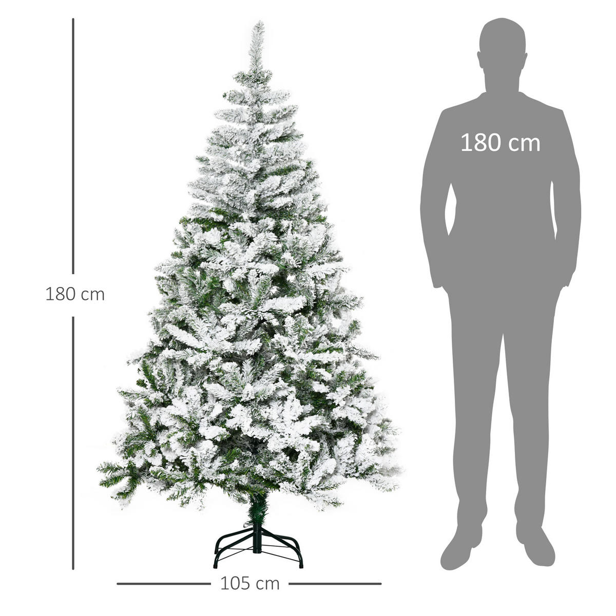 HOMCOM Künstlicher Weihnachtsbaum, 180 cm Christbaum mit Kunstschnee, Indoor - Grün, Holzwerkstoff/Metall (180cm) - HOMCOM
