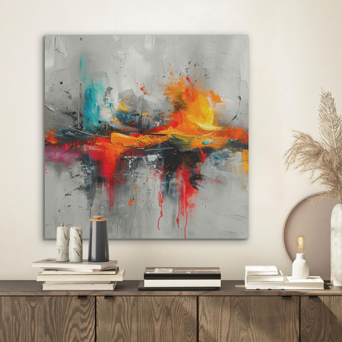 AKUSTIKBILD Moderne Kunst - Orange - Grau - Abstrakt Wandbilder 60x60 cm - Hellgrau, Kunststoff (60/60/0.9cm) - MuchoWow