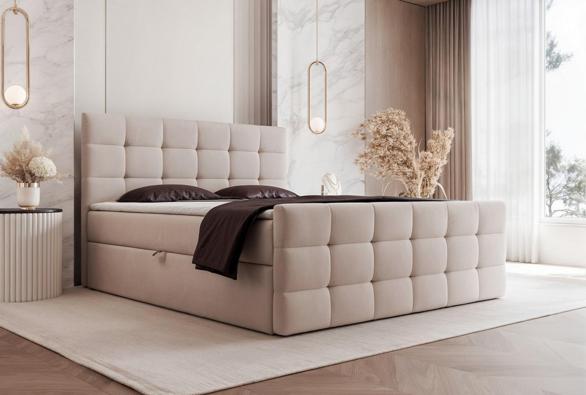 BOXBETT M5 120x200 cm Dream Velvet Bettkasten + Topper - Beige, Holz/Textil (120/200cm) - Comfortic
