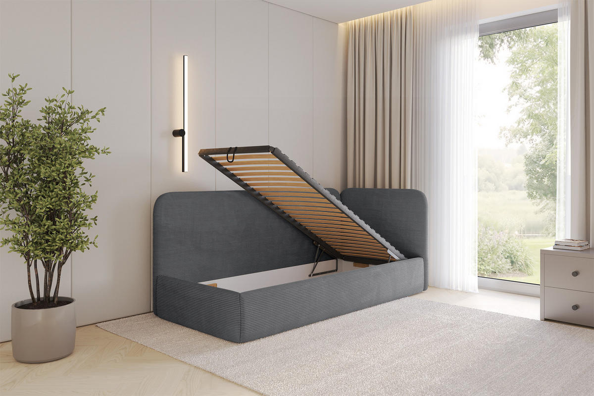 EINZELLBETT Jugendbett mit Bettkasten und Matratze H3/H4, Links - ELSY 100x200 Dunkelgrau - Graphitfarben, Holzwerkstoff/Textil (100/200cm) - ALTDECOR