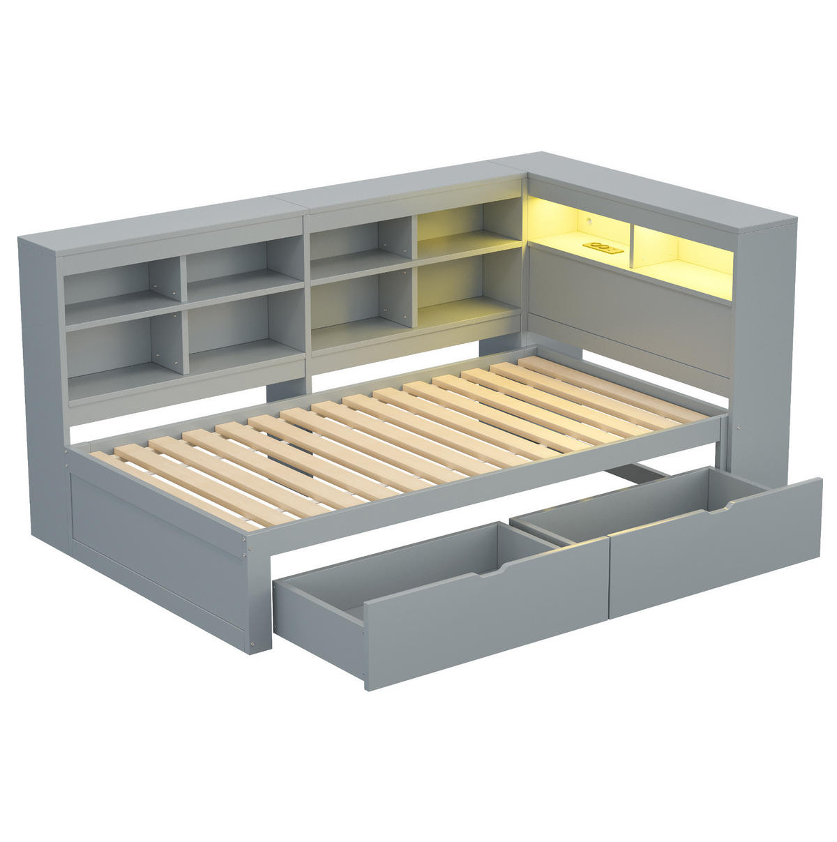 HOLZBETT 90/200 cm mit Kopfteil, Stauraum und LED/USB in Grau - Grau, Holzwerkstoff (90/200cm) - BEAOK