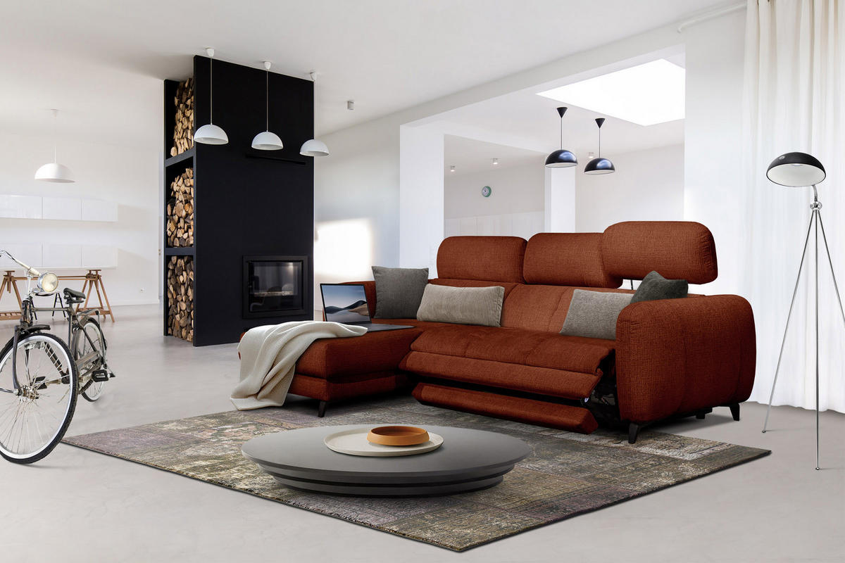 ECKSOFA SVEN 3-Sitzer, 1 Relax XL, verstellbare Kopfstützen, rot - Rot/Schwarz, Holzwerkstoff/Textil (256/163cm) - Courtois Laville