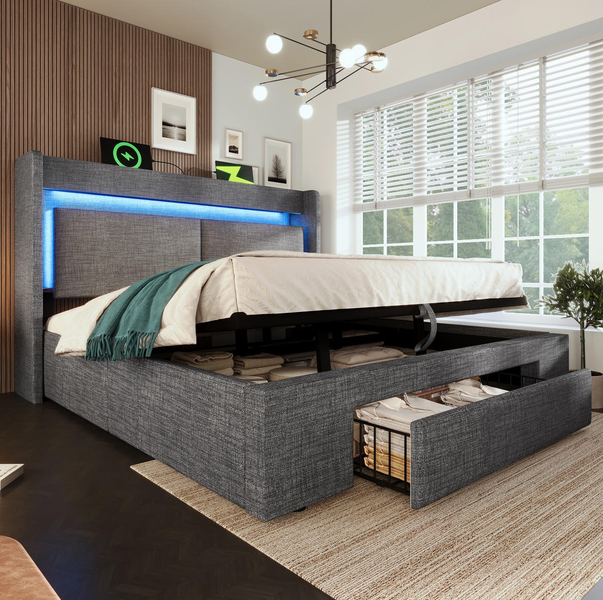 POLSTERBETT mit Stauraum, LED und USB 140x200 cm Leinen Grau - Grau, Metall (140/200cm) - Meubliv
