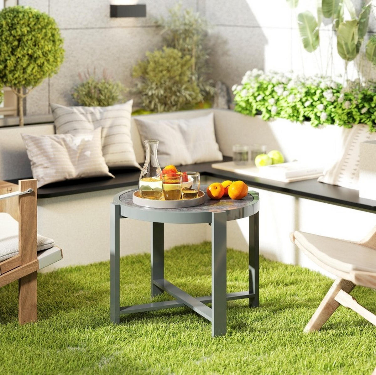 BALKONTISCH 60/60/46 cm wetterfest mit 5 mm Hartglasplatte und Aluminiumgestell, Grau - Naturfarben, Metall (60/60/46cm) - Redom