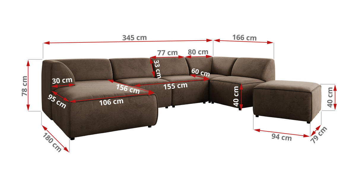 WOHNLANDSCHAFT MODARO U 6M - Braun Velvet - Rechts - Schwarz/Braun, Textil (345/78/180cm) - MKS