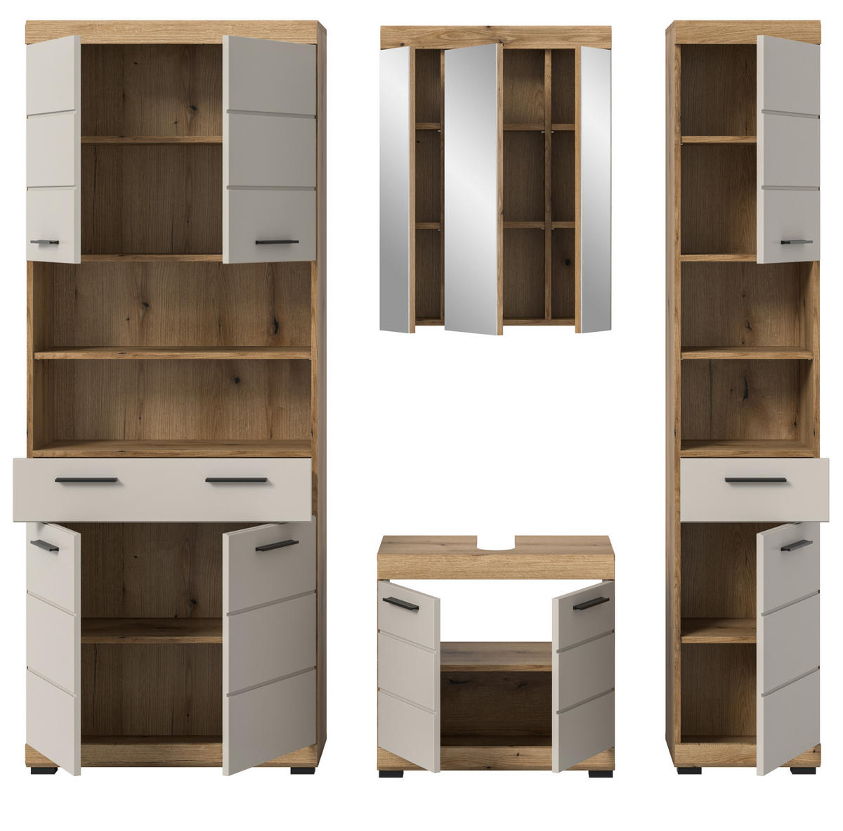 BADMÖBEL Set 4-teilig in Sand Kashmir und Evoke Eiche Badkombination 200 x 191 cm Shawn - Kaschmir/Eichefarben, Glas/Holzwerkstoff (201/191/34cm) - Inn.Furn