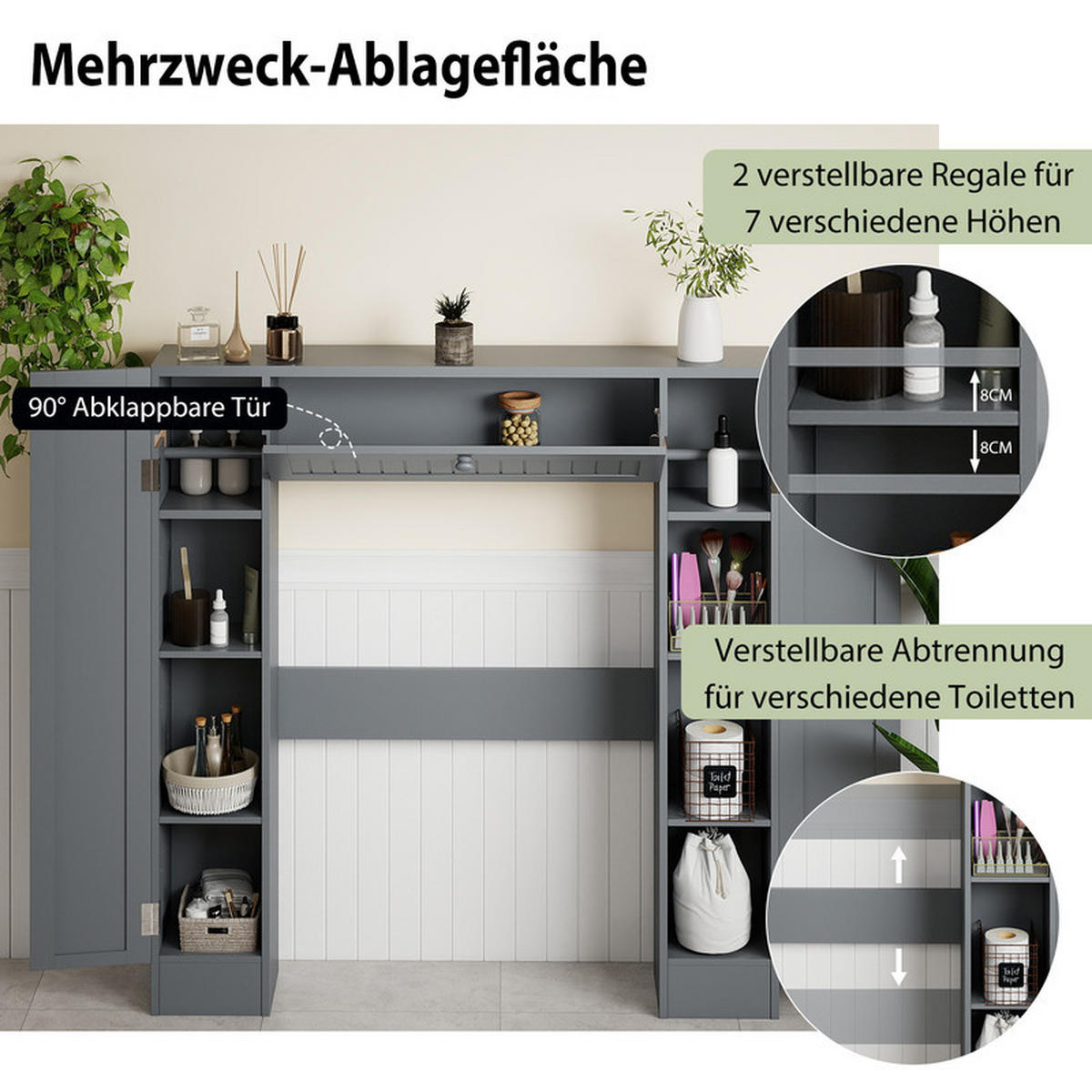 TOILETTENSCHRANK mit Toilettenpapierhalter grau - Grau, Holzwerkstoff (89/99/19.5cm) - COSTWAY