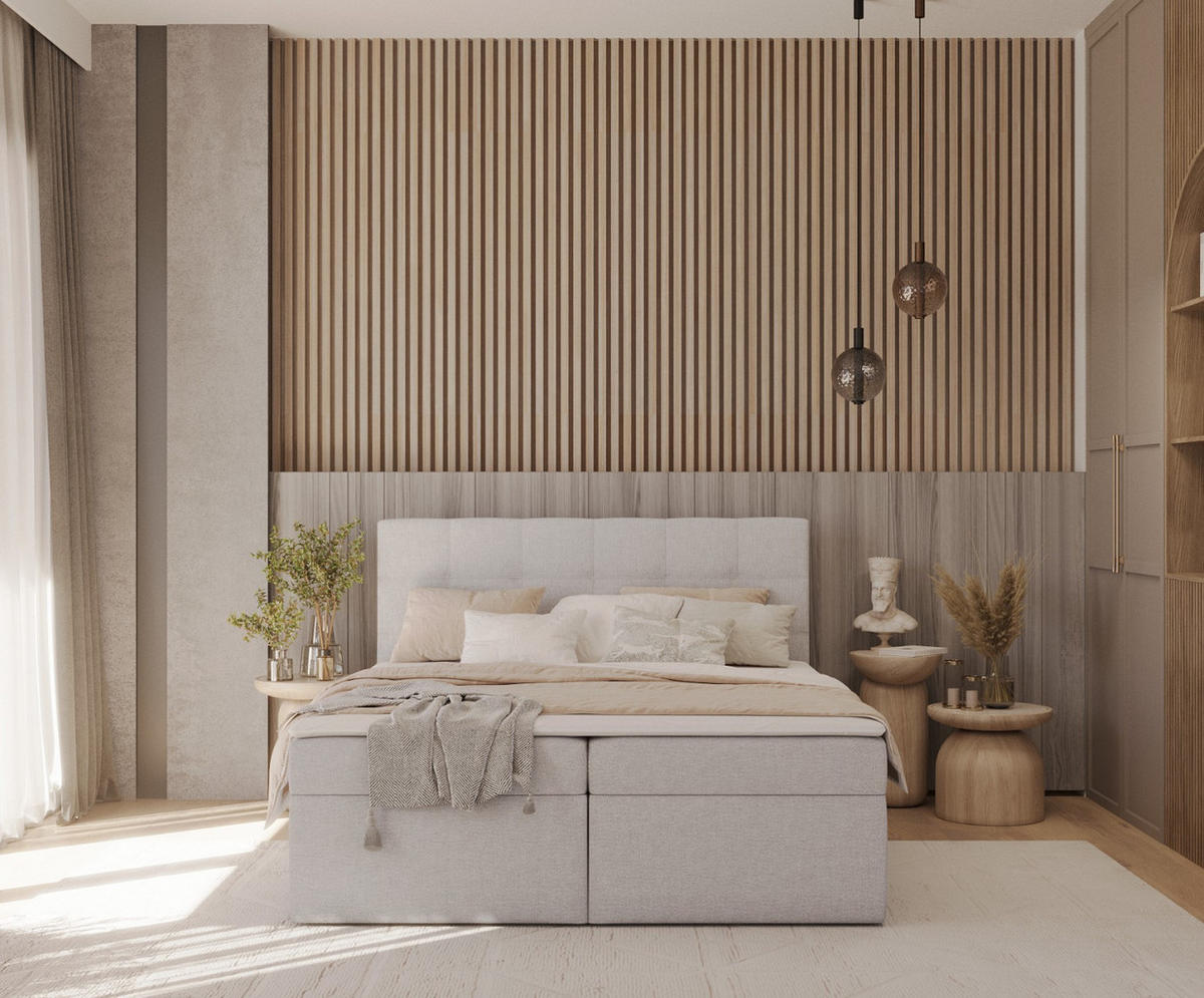 BOXBETT Lean 160/200 cm Graubeige im Megan Stoff - Schwarz/Grau, Holz/Holzwerkstoff (160/200cm) - AltaBeds