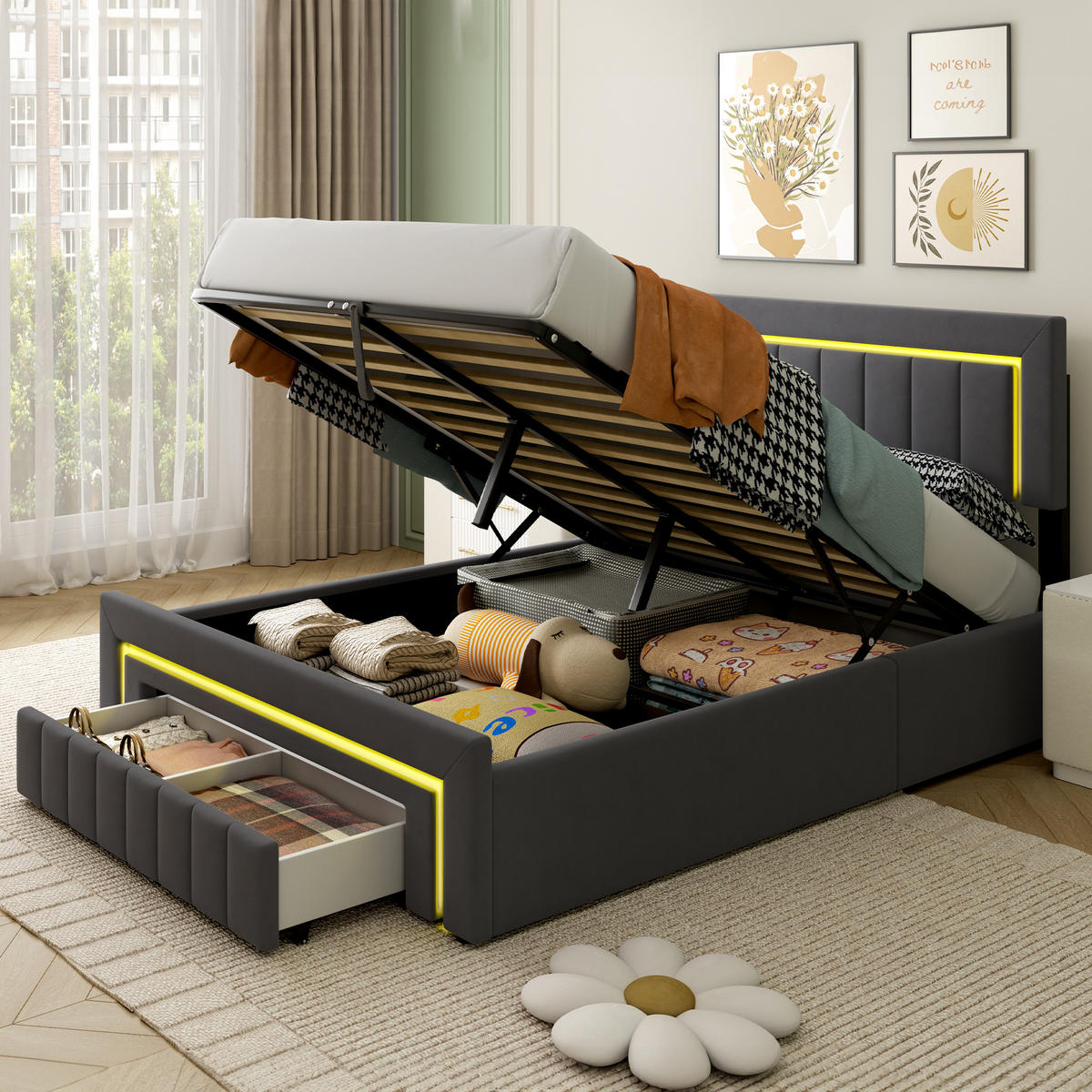 POLSTERBETT 140/190 cm mit hydraulischem Bettkasten, Schublade mit Rollen, LED-Beleuchtung, Grau - Grau, Textil (140/190cm) - Redom