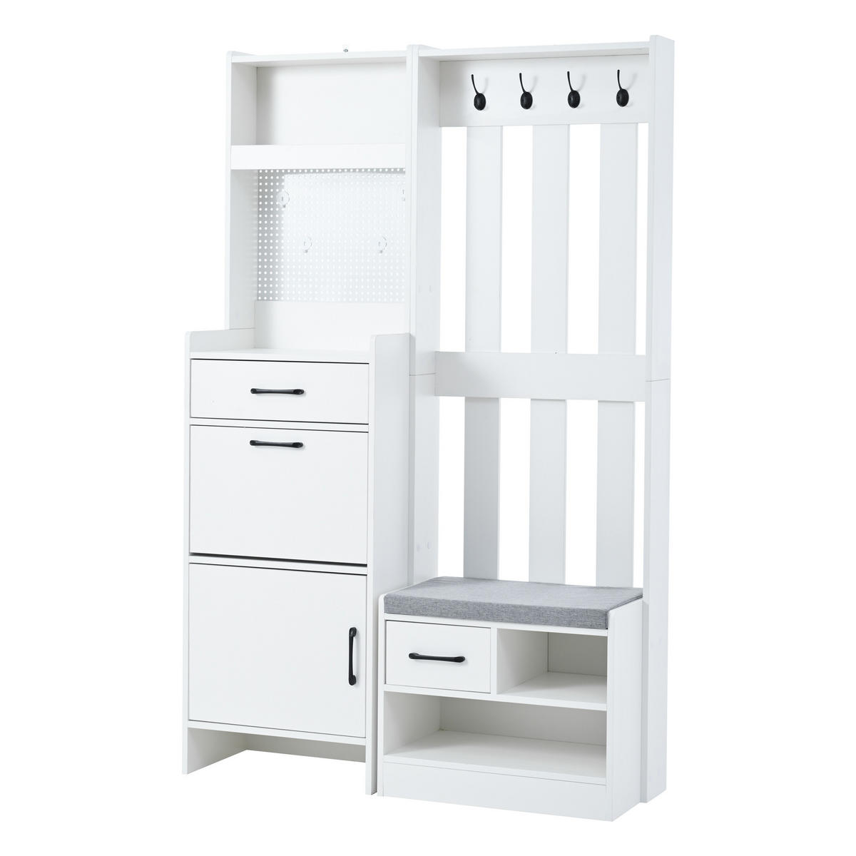 STANDGARDEROBE mit 7 Haken, Sitzbank und Schuhschrank in Weiß 110/35/175,5 cm - Weiß, Holzwerkstoff (110/175.5/35cm) - BEAOK