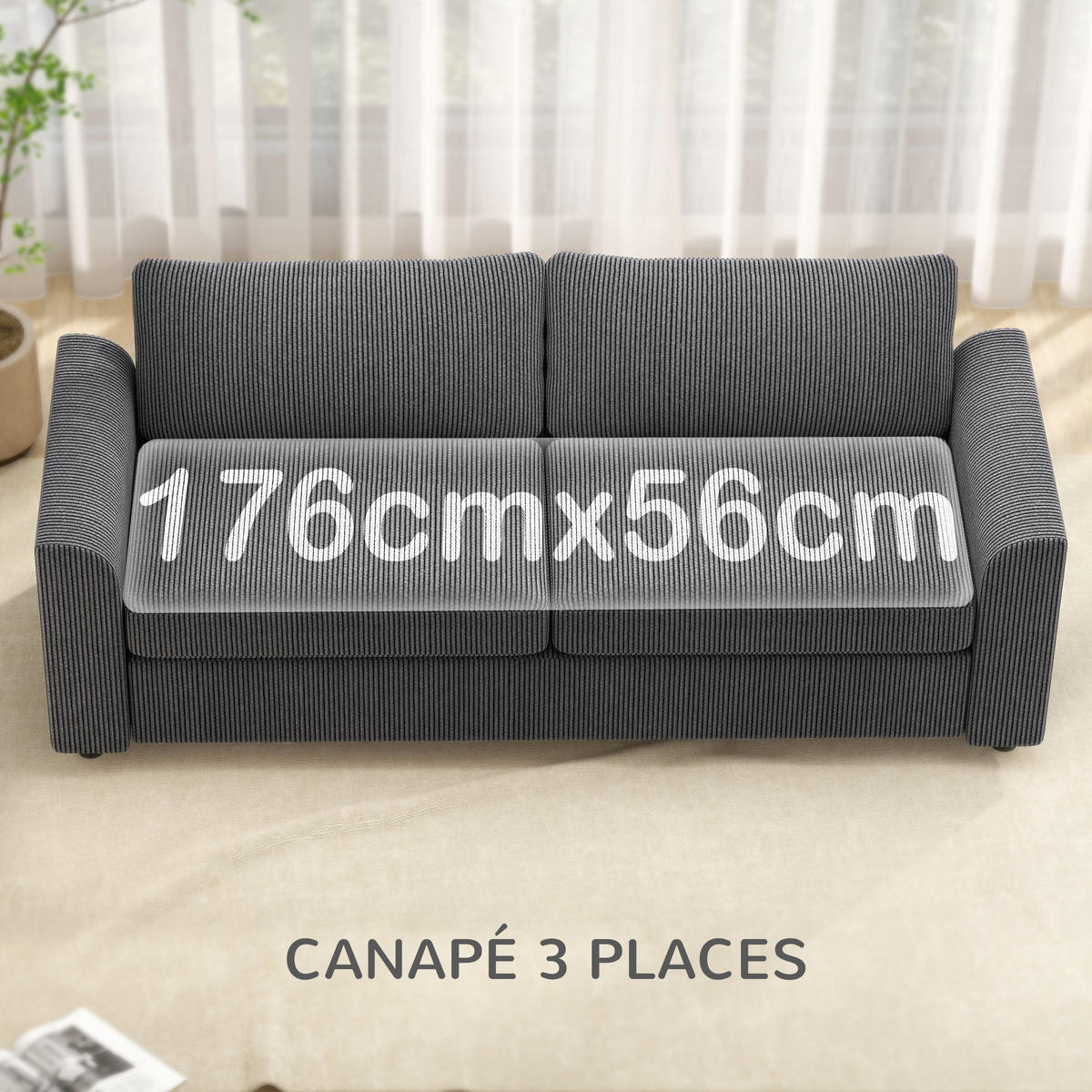SOFA, 3-Sitzer, 212cm, Cordbezug, 2 Federkernkissen, dunkelgrau - Multicolor, Holzwerkstoff (212/88/80cm) - FORIOUS
