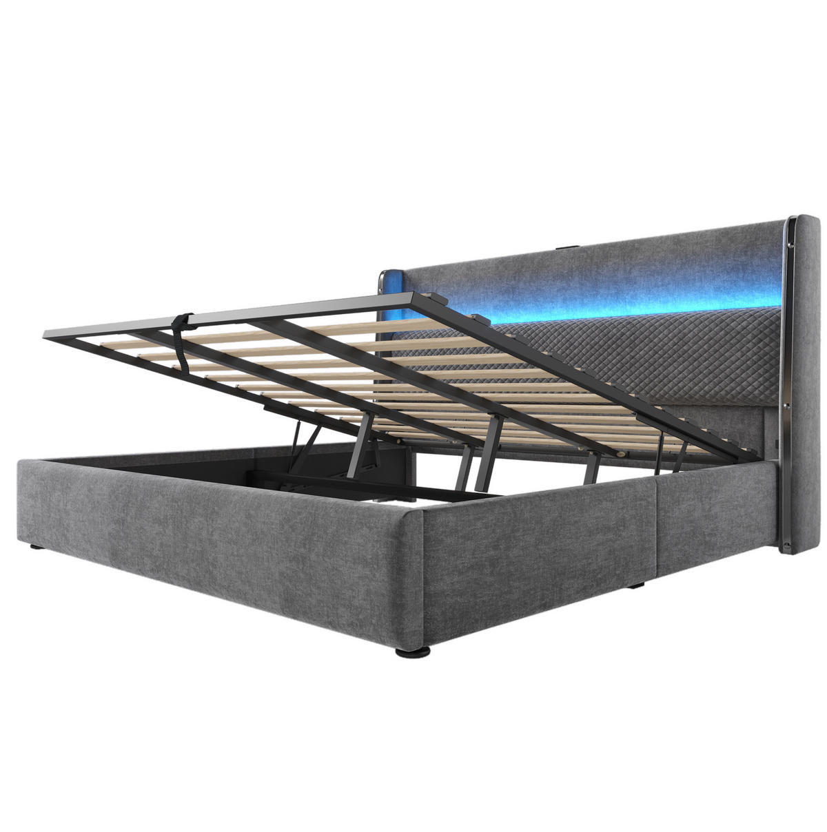 ČALOUNĚNÁ postel 180/200 cm šedá z lnu s LED osvětlením, USB a úložným prostorem - šedá, textil (180/200cm) - OKWISH
