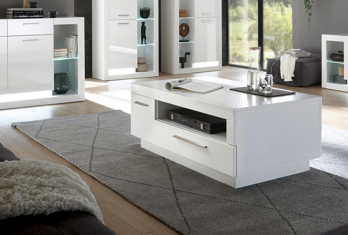 COUCHTISCH weiß Hochglanz 110 x 65 cm, Wohnzimmertisch mit Stauraum - Weiß Hochglanz/Silberfarben, Holz/Holzwerkstoff (110/65/44cm) - Furn.Design