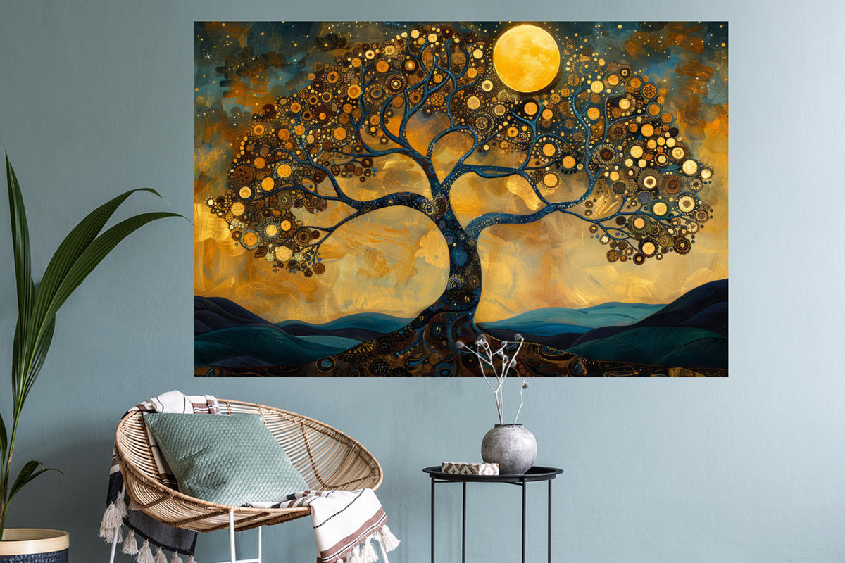 WANDTATTOO Baum - Mond - Blumen - Gold - Kunst 120x80 cm - Orange, Kunststoff (120/80/0.1cm) - MuchoWow