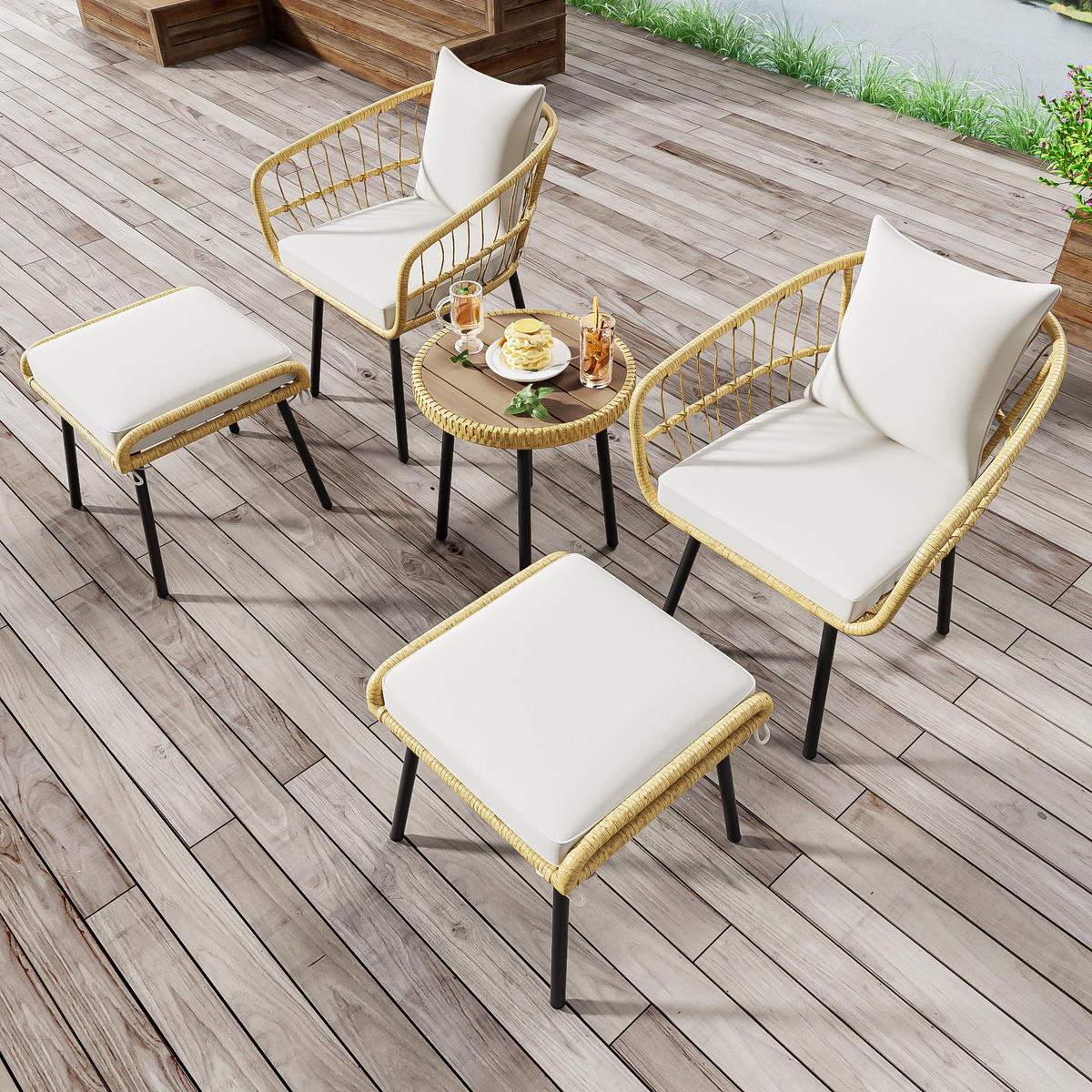 GARTENSET 5 tlg Rattan Natur - Weiß, Naturmaterialien - LEBENLANG