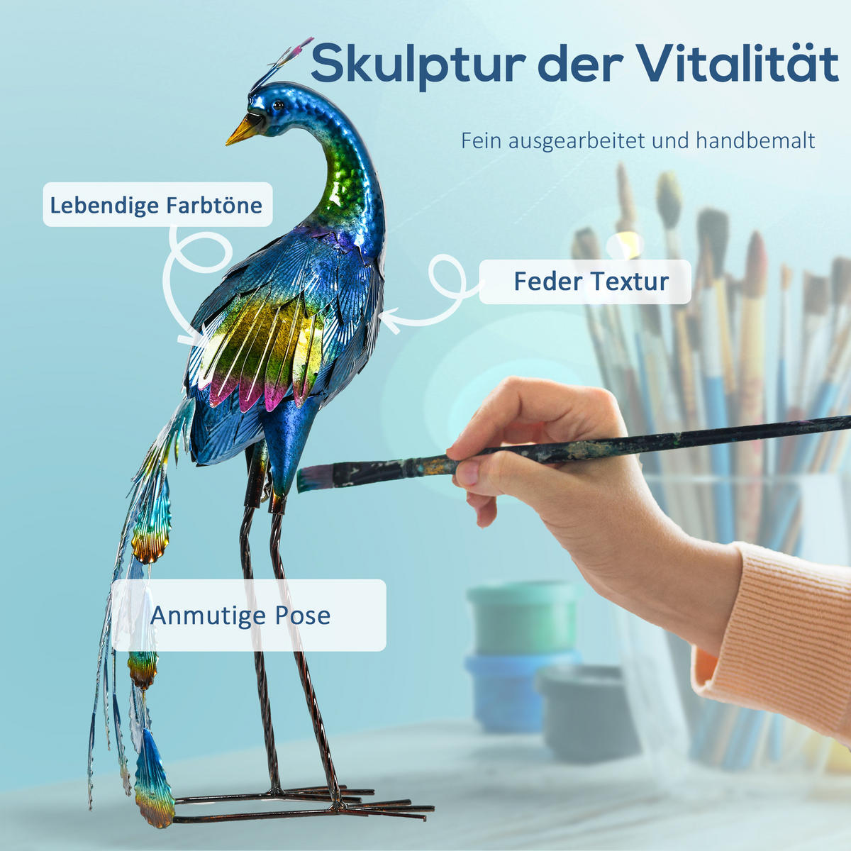 GARTENSTATUE Pfau, 59 cm Gartenfigur, Skulptur für Balkon, Terrasse - Blau, Metall (25/59/29cm) - Outsunny