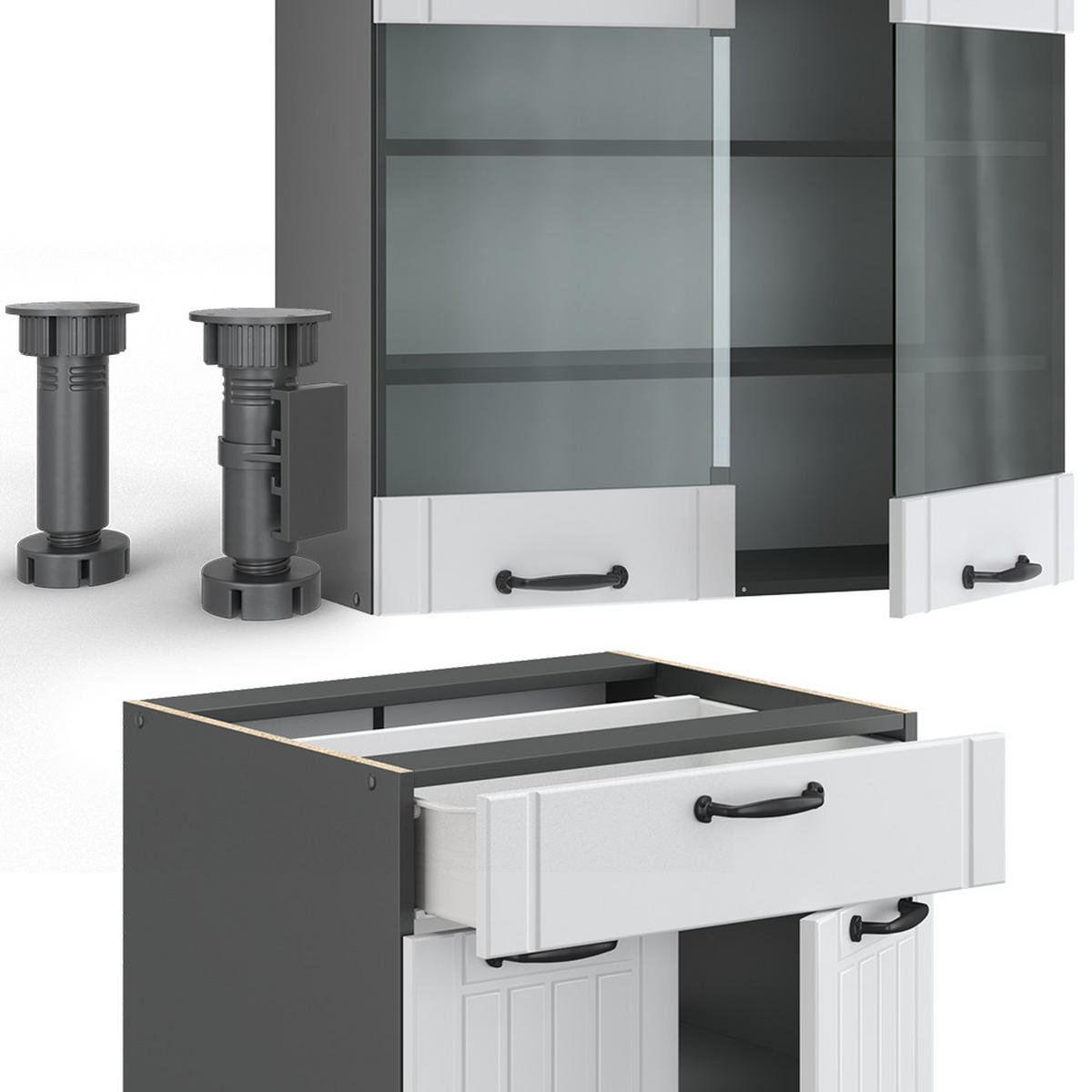 SINGLEKÜCHE Fame-Line Weiß Landhaus/Anthrazit 140 cm, AP Eiche - Anthrazit/Creme, Holzwerkstoff (140/81.6/60cm) - Vicco