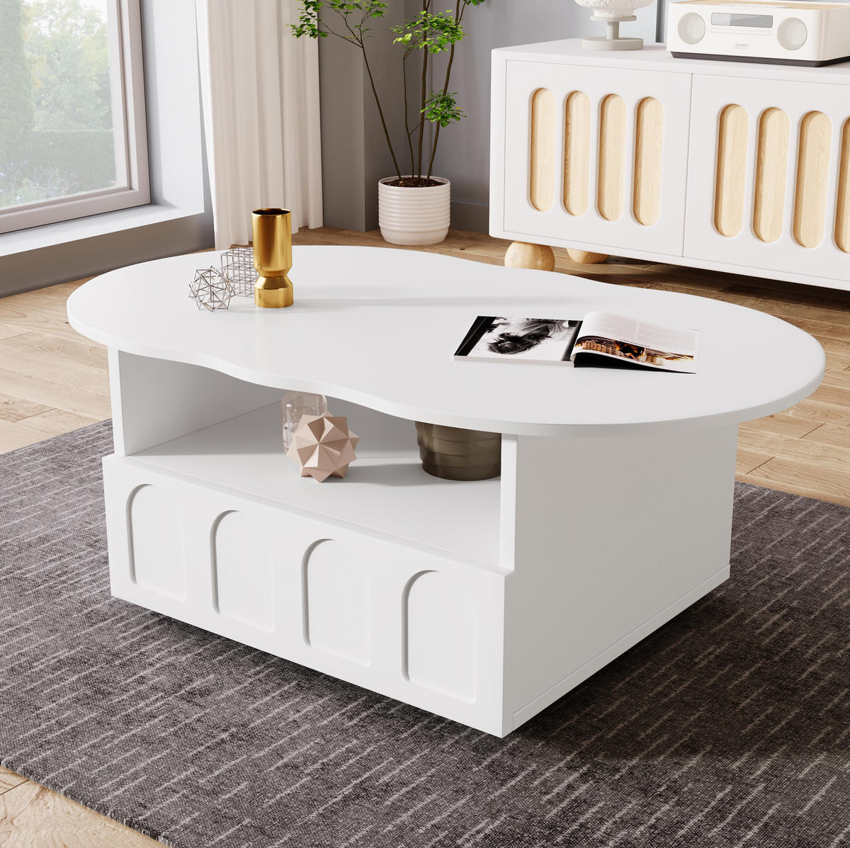 COUCHTISCH, wolkenförmige Tischplatte, Spanplatte, mit Schublade und offenem Fach, 100/60/40,5 cm, Weiß - Weiß, Holzwerkstoff (100/45.5/60cm) - Redom