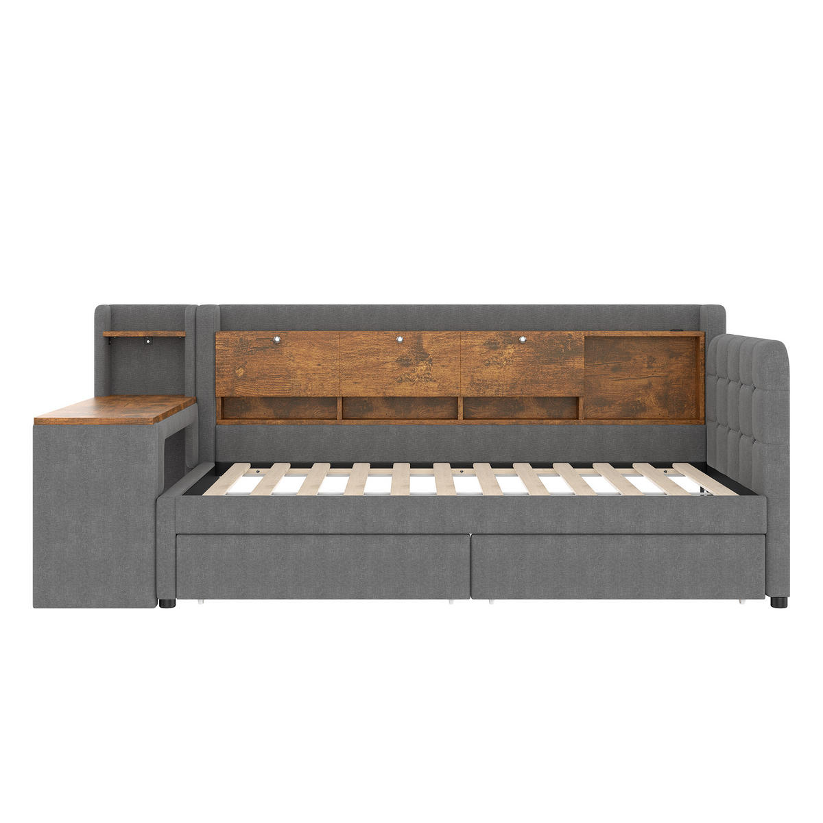 TAGEBETT 90x200cm Grau Leinen 2 Schubladen Schreibtisch USB-C - Grau, Holz (90/200cm) - FLIEKS