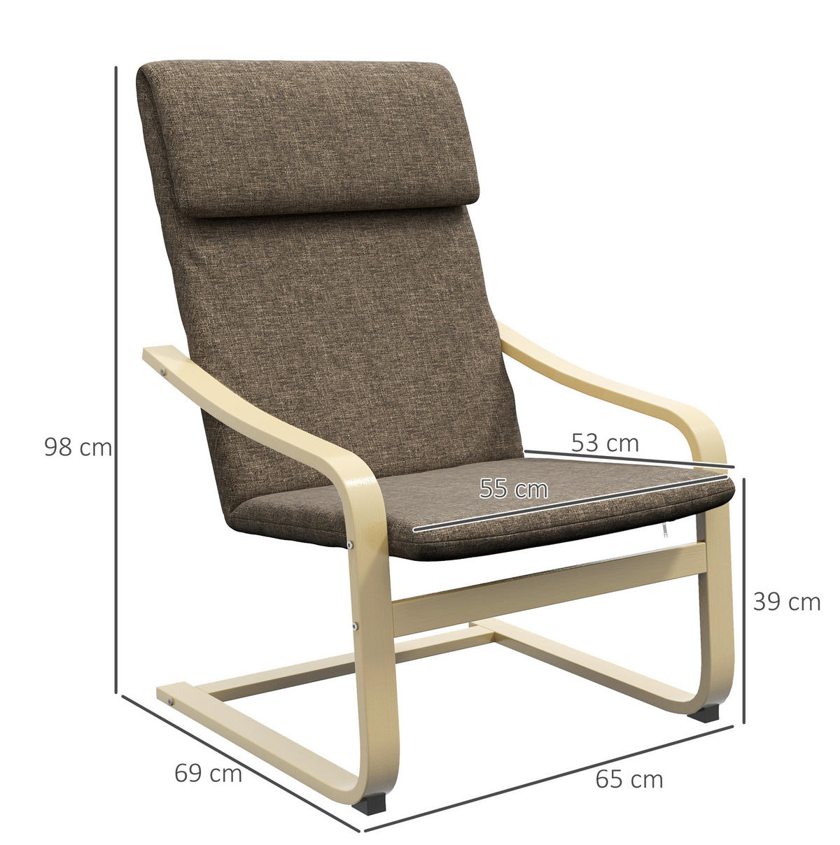 POLSTERSESSEL 65/69/98 cm mit Kopfstütze in Braun – bis 120 kg belastbar - Braun, Textil (65/98/69cm) - BEAOK