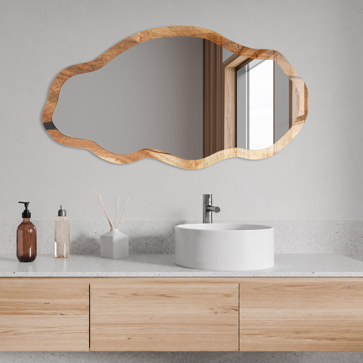 SPIEGEL 90x45 cm asymmetrisch mit Druck - Holzstruktur - Transparent, Glas (45/90/0.4cm) - TULUP
